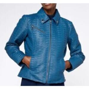 Dennis Basso Blue Faux Leather Moto Jacket Size 16